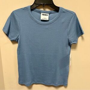 FCT Basics With Love Sz L Slate Blue Ribbed Tee Shirt NWT Short Sleeve